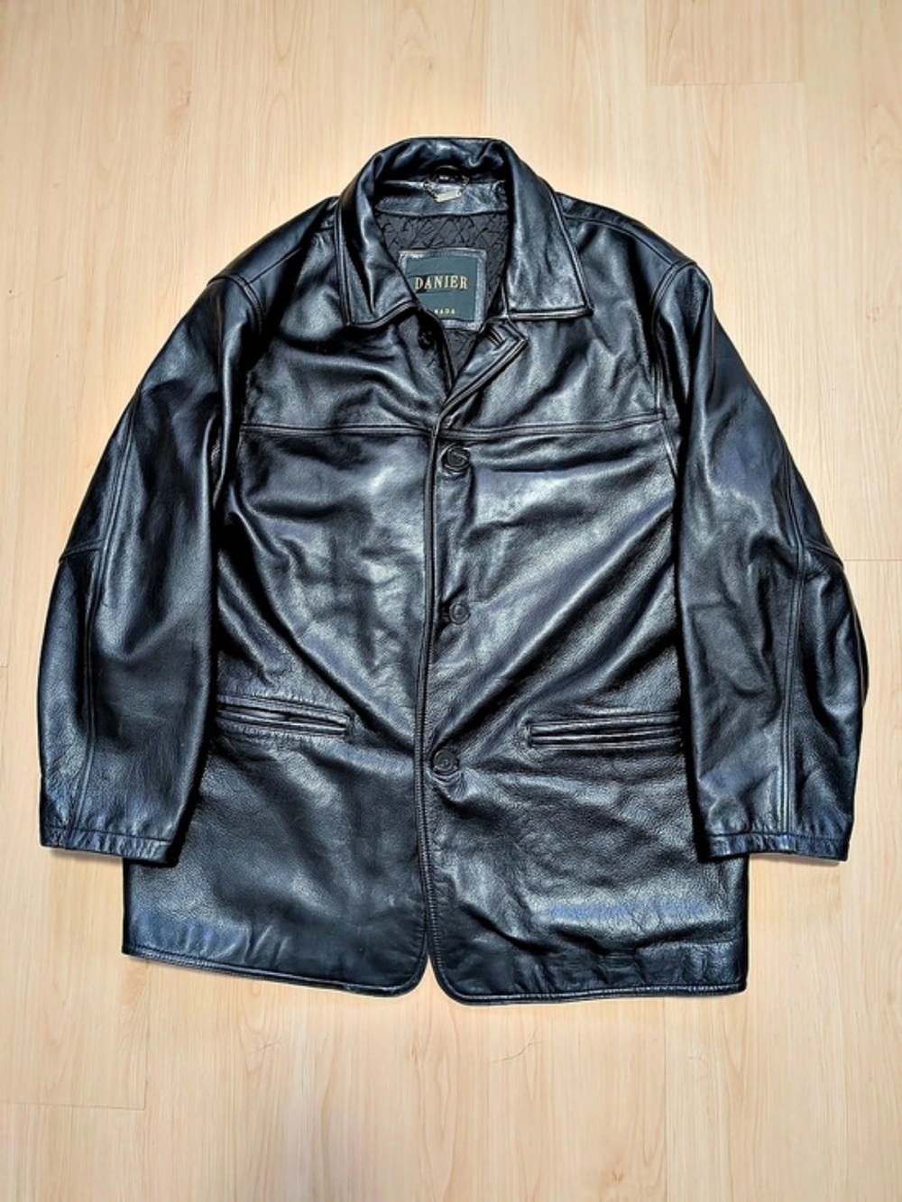 Vintage Danier Heavy Grain Black Leather Car Coat Jacket Men’s Medium